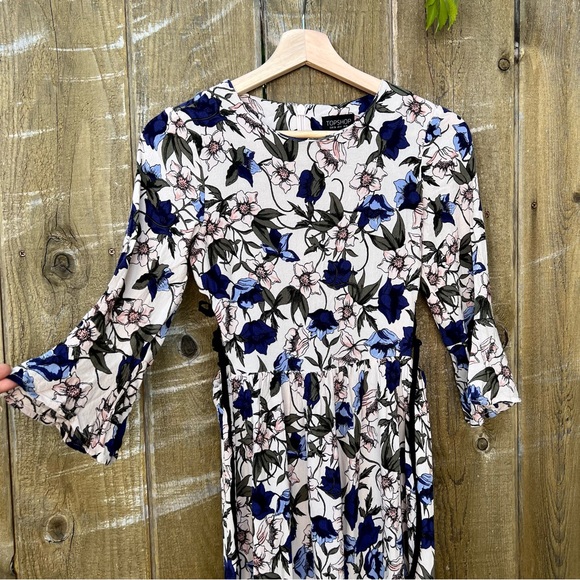 Pink Floral Lace-Up Side Bellsleeve Midi Dress 🌿 - Picture 4 of 12